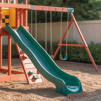 Wooden Playhouse with Spiral Slide, Straight Slide & Swings | Large Outdoor Playground for Kids