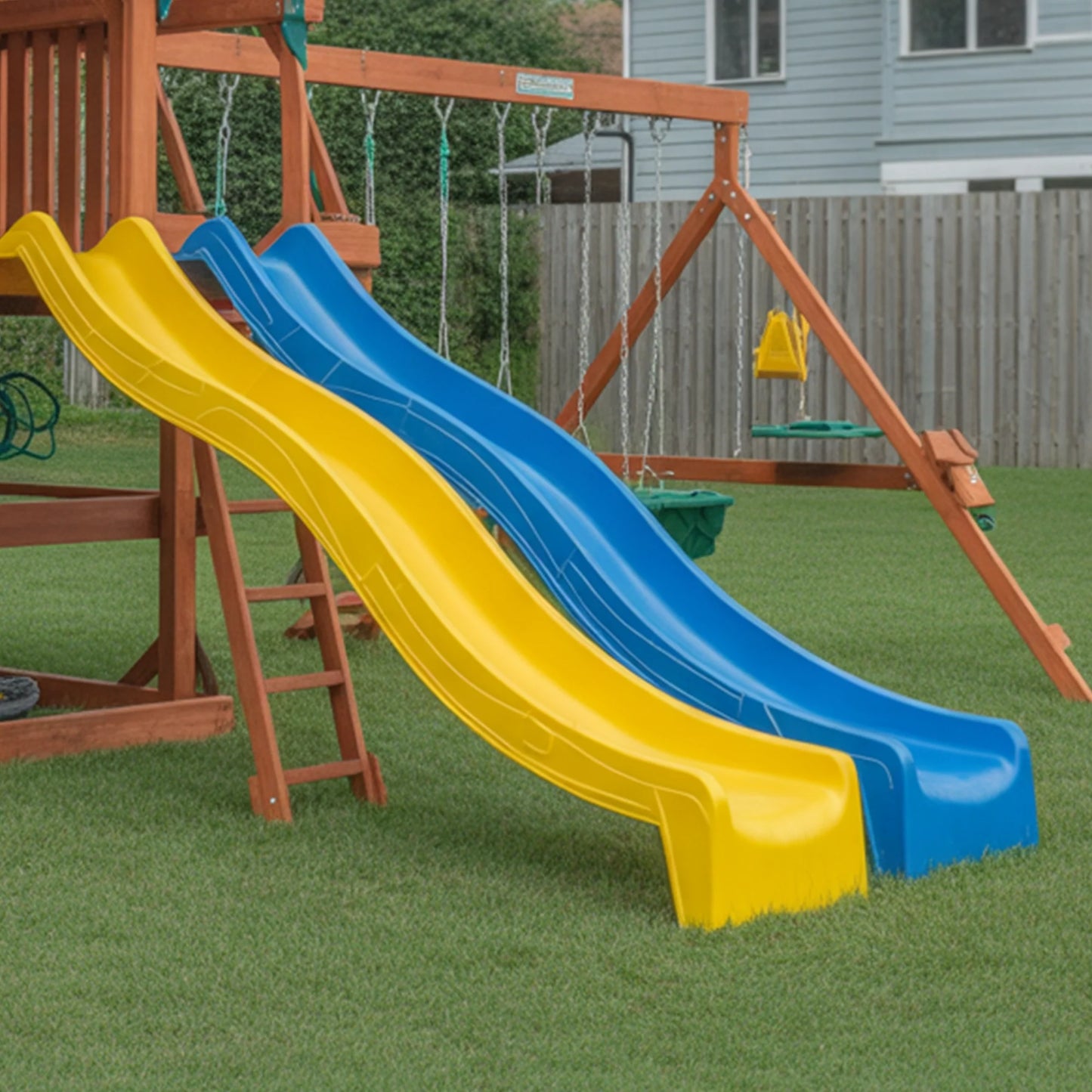 Wooden Swingset with Double Slides, Swings & Climbing Wall – Kids Outdoor Playground