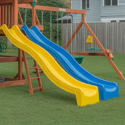 Wooden Swingset with Double Slides, Swings & Climbing Wall – Kids Outdoor Playground