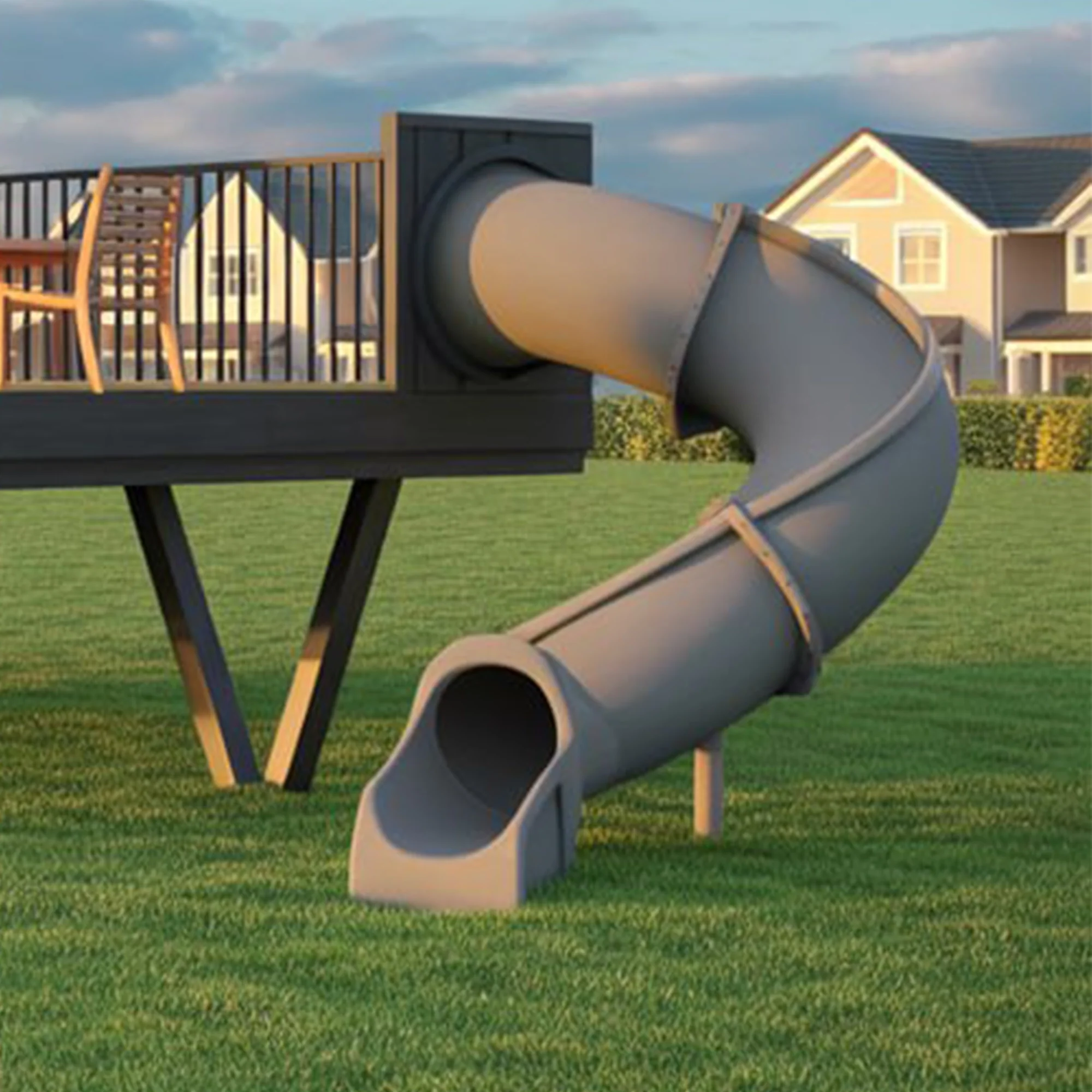 Modern Elevated Playhouse with Spiral Slide – Outdoor Wooden Adventure Set, 22ft x 12ft x 9ft