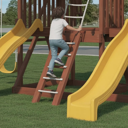 Deluxe Wooden Swingset with Dual Slides, Climbing Wall & Canopy Roof – Outdoor Backyard Playset
