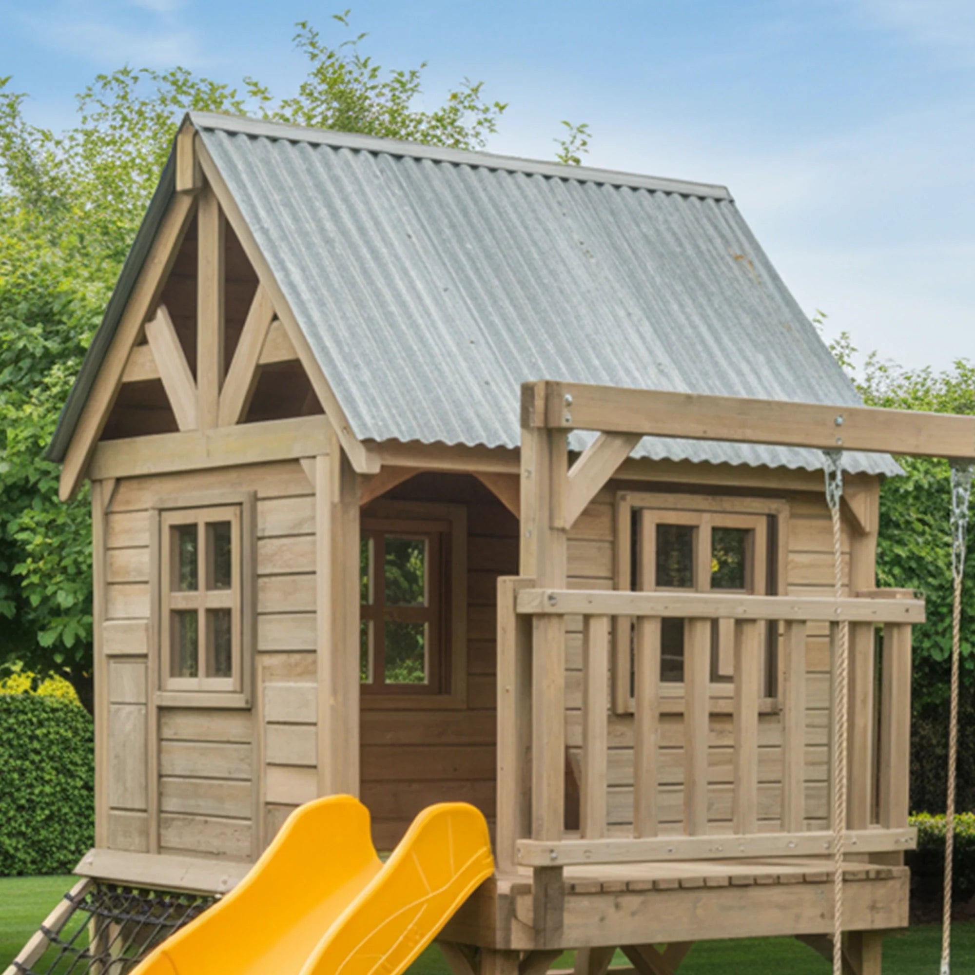 Wooden Outdoor Playhouse with Curved Slide, Double Swing & Climbing Net – Backyard Adventure Set | 24x10x9 ft