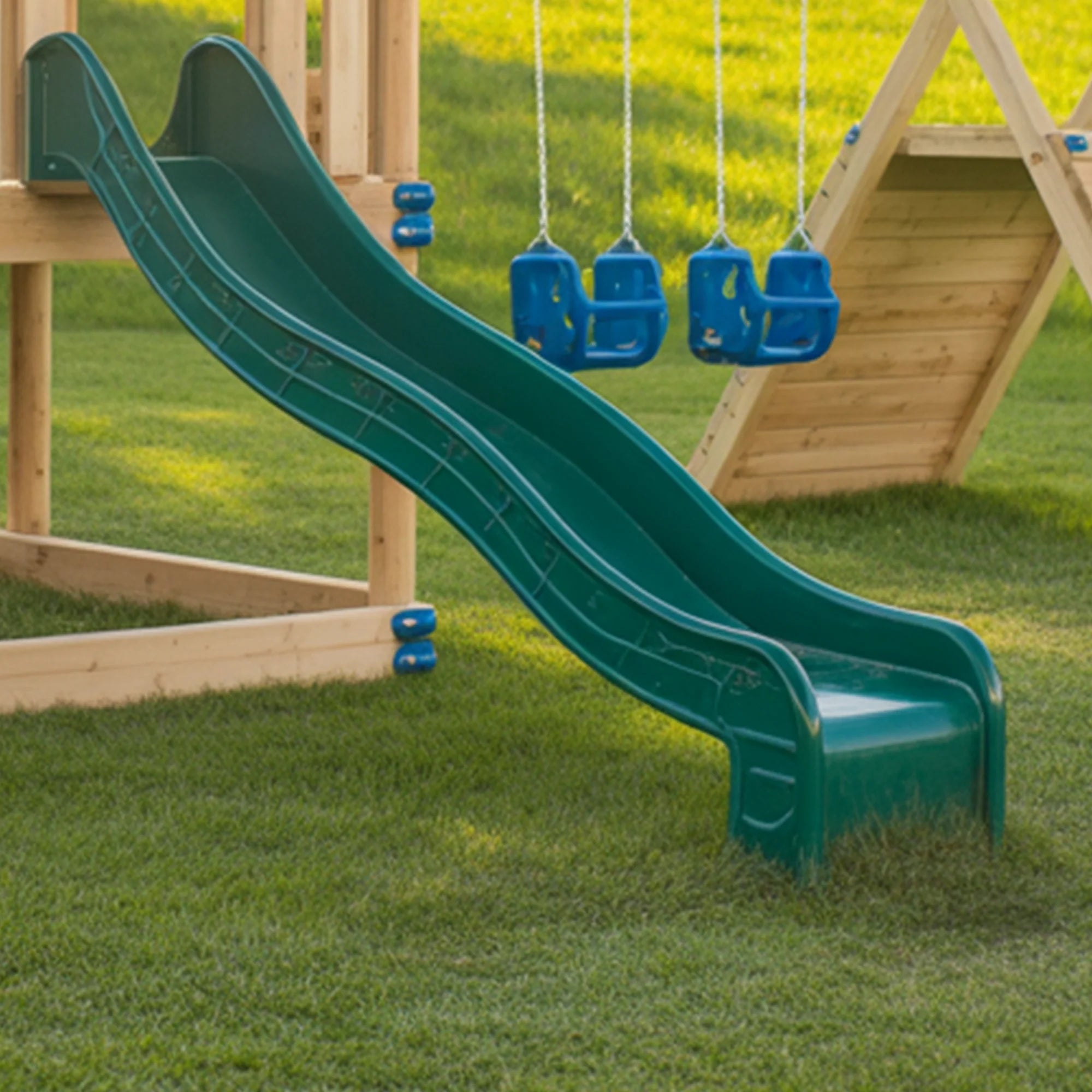 Wooden Outdoor Playhouse with Slide, Double Swings & Climbing Net – Backyard Adventure Set | 22x10x9 ft