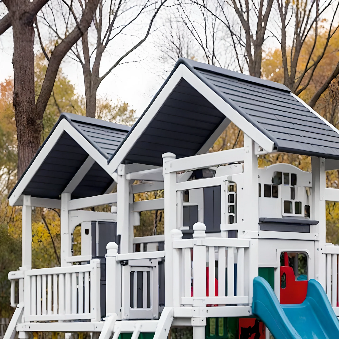 Durable Wooden Playground for Kids – Playhouse, Swings & Long Slides Included
