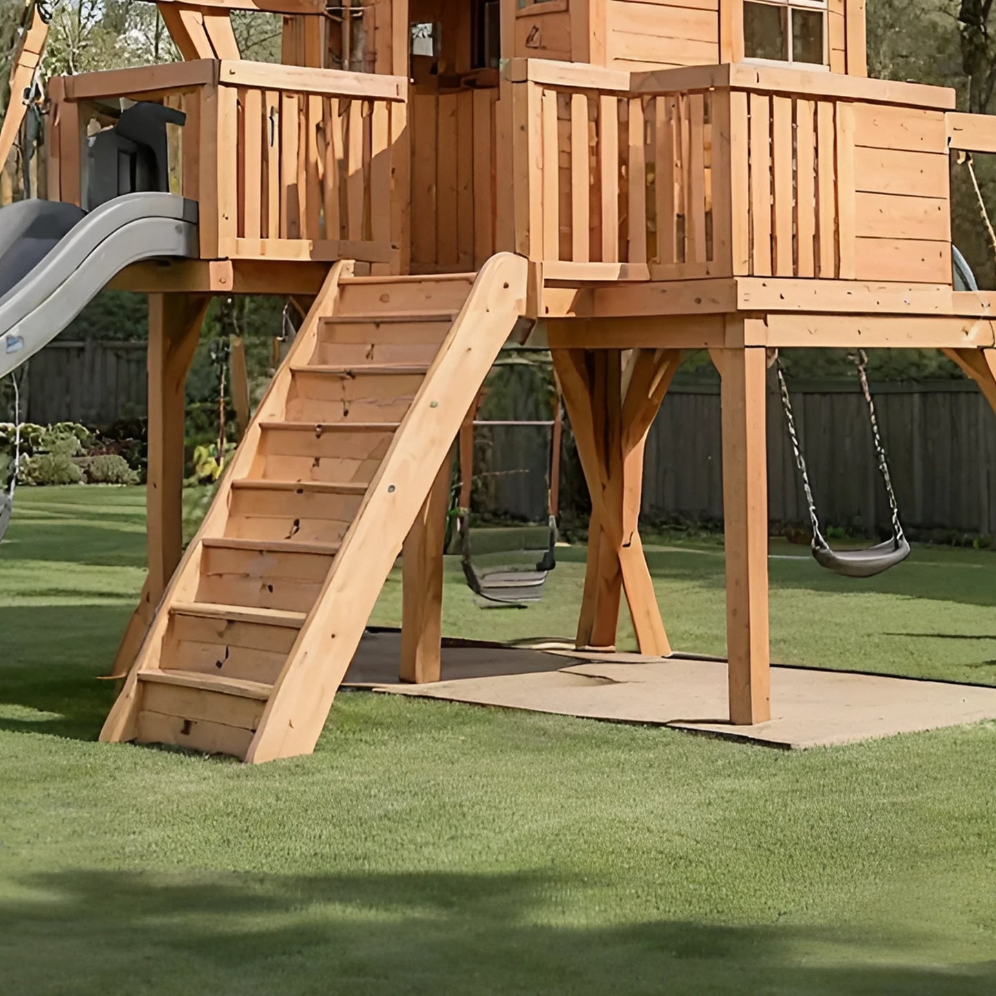 Backyard Wooden Swing Set with Climbing Wall, Playhouse & Slides