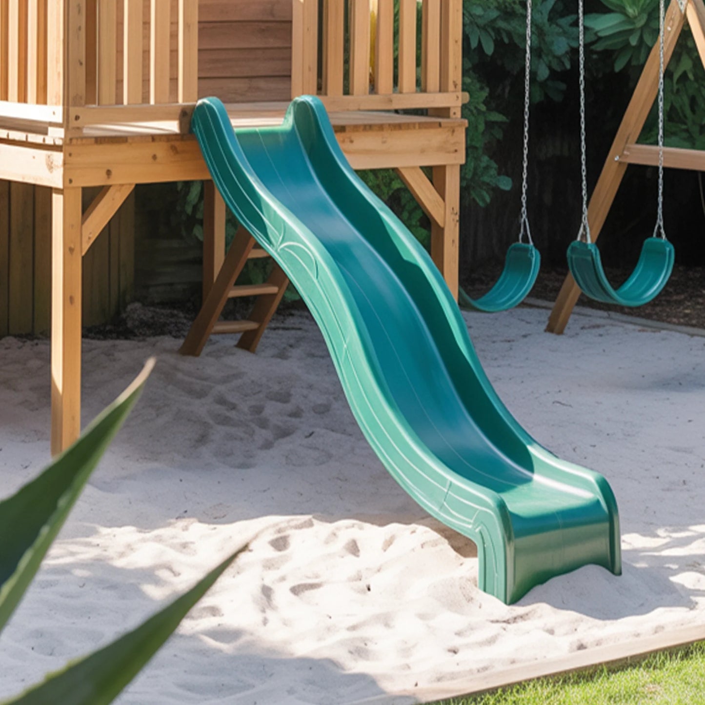 Wooden Outdoor Playhouse with Spiral & Straight Slides, Swings | Large 22x12x9 ft Kids Playground