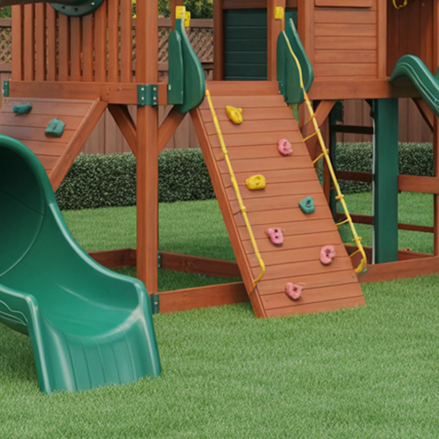 Deluxe Wooden Swingset with Dual Slides, Climbing Walls & Tube Slide – 25ft Backyard Playset