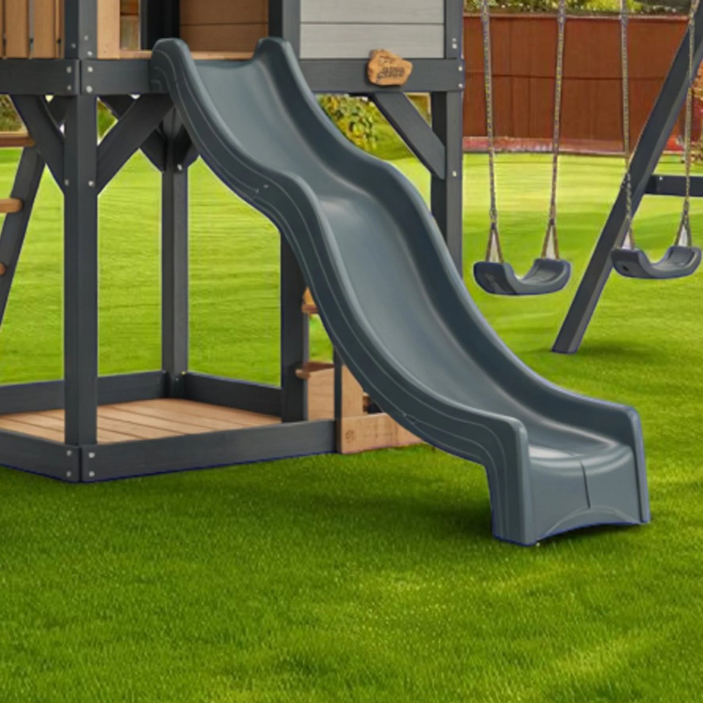 Wooden Playhouse with Tube Slide, Straight Slide & Swings | 22x12x9 ft Outdoor Playground