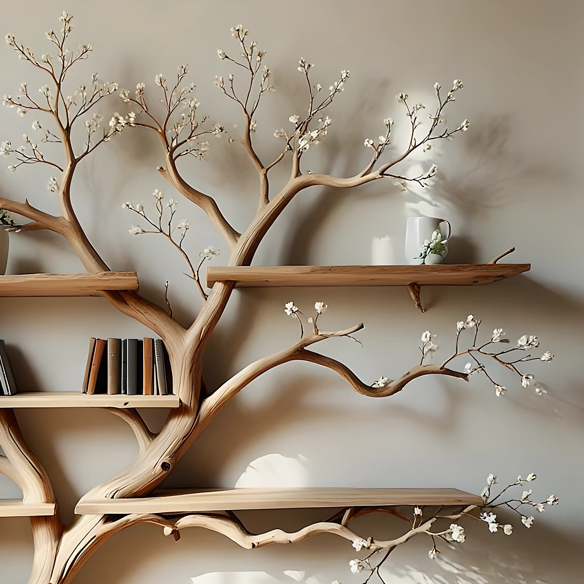 Modern rustic bookshelf in tree shape. Perfect for living rooms, nurseries, or reading nooks. 