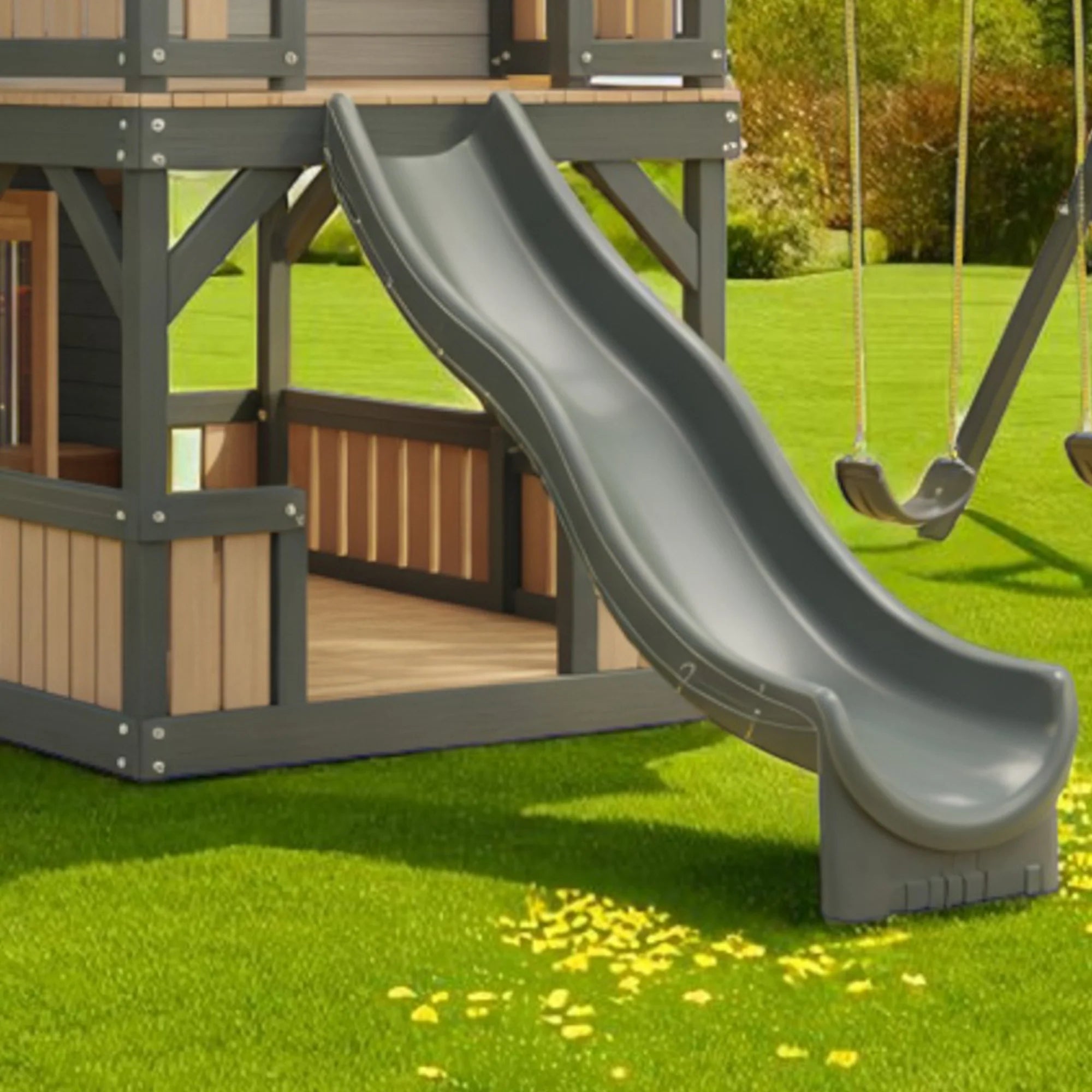 Wooden Playhouse with Slide & Swings | 22x12x9 ft Kids Outdoor Playground for Backyard Fun
