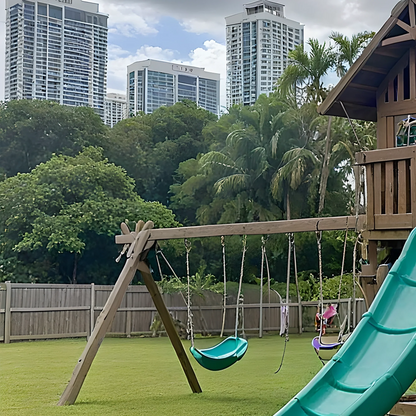 Kids Outdoor Playhouse with Swings, Dual Slides & Climbing Ladder – Wooden Swing Set
