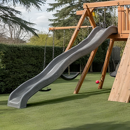 Wooden Swing Set with Clubhouse, 3 Swings & Long Slides – Outdoor Play Area