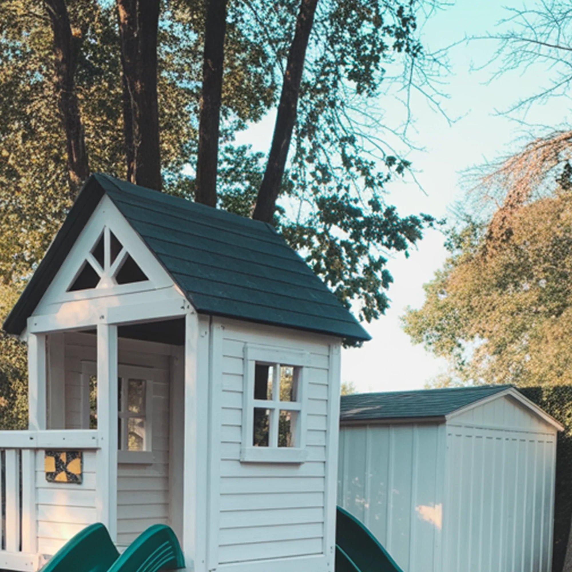 Compact Wooden Playhouse with Dual Slides | Safe Outdoor Playground for Kids Backyard Fun