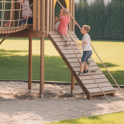 Wooden Twin Tower Playhouse with Rope Bridge & Slide | Outdoor Playground for Kids Backyard Adventure