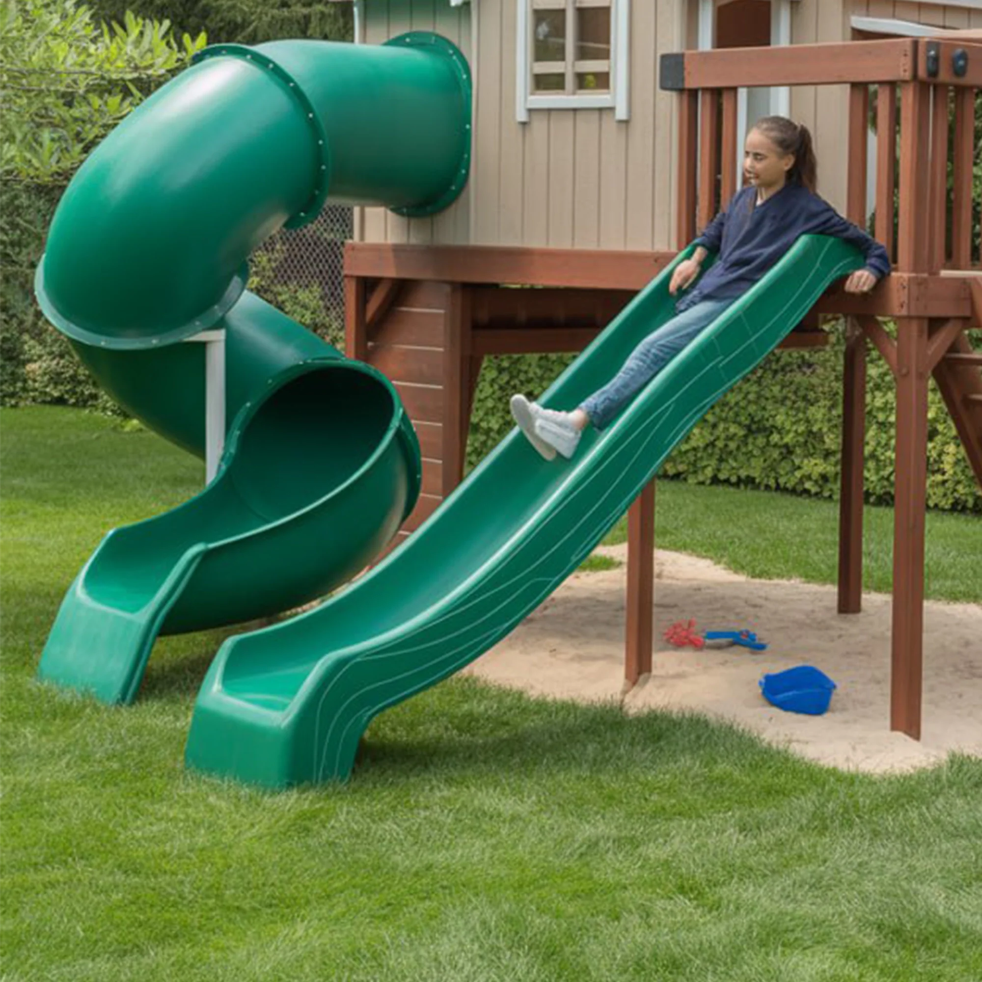 Backyard Wooden Playhouse with Dual Slides, Swings & Rock Wall – Outdoor Kids Playground Set 22x12x9 ft