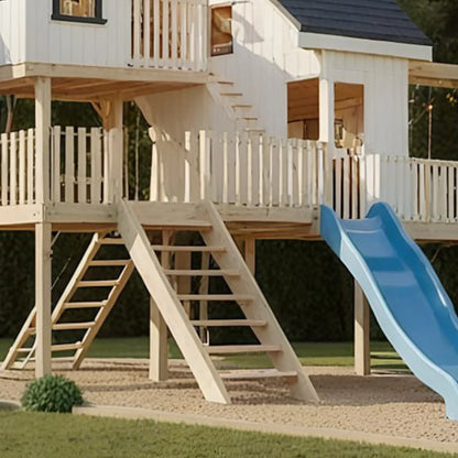 Wooden Playhouse Tower with Sandbox, Swings & Wave Slide – Outdoor Kids Playset