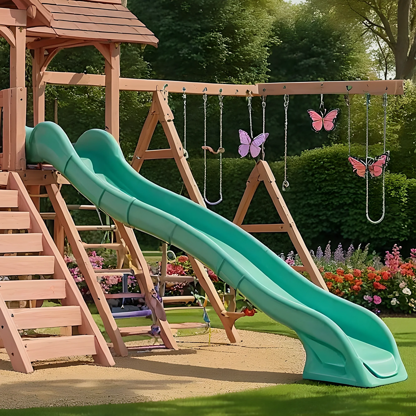 Backyard Kids Playground – Wooden Swing Set with Playhouse, Slides & Climbing Features