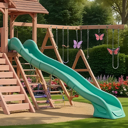 Backyard Kids Playground – Wooden Swing Set with Playhouse, Slides & Climbing Features