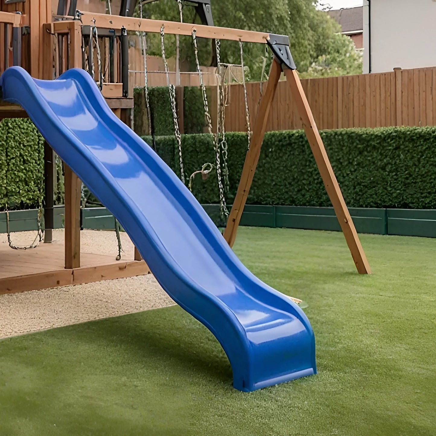 Wooden Swing Set with Slide, Rock Wall & Playhouse – Outdoor Kids Playground (199 in Tall, 137 in Wide)