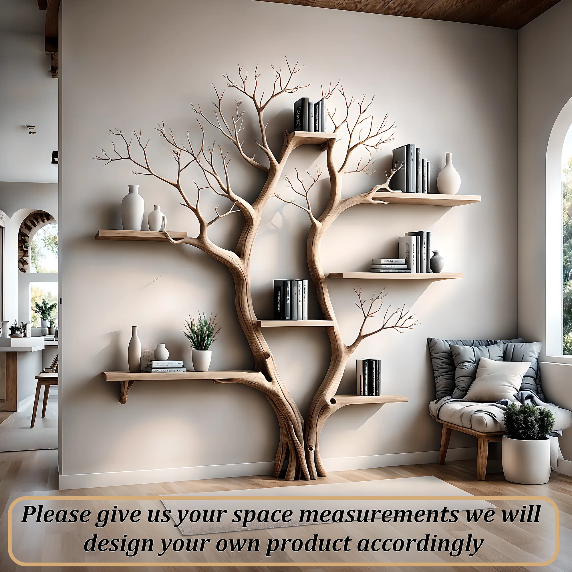 Bookshelf shaped like a tree with 2 branches, bookshelf shaped like a perennial wooden tree, living room decoration 