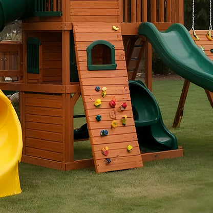 Kids Wooden Swingset with Slide, Playhouse & Outdoor Adventure Features