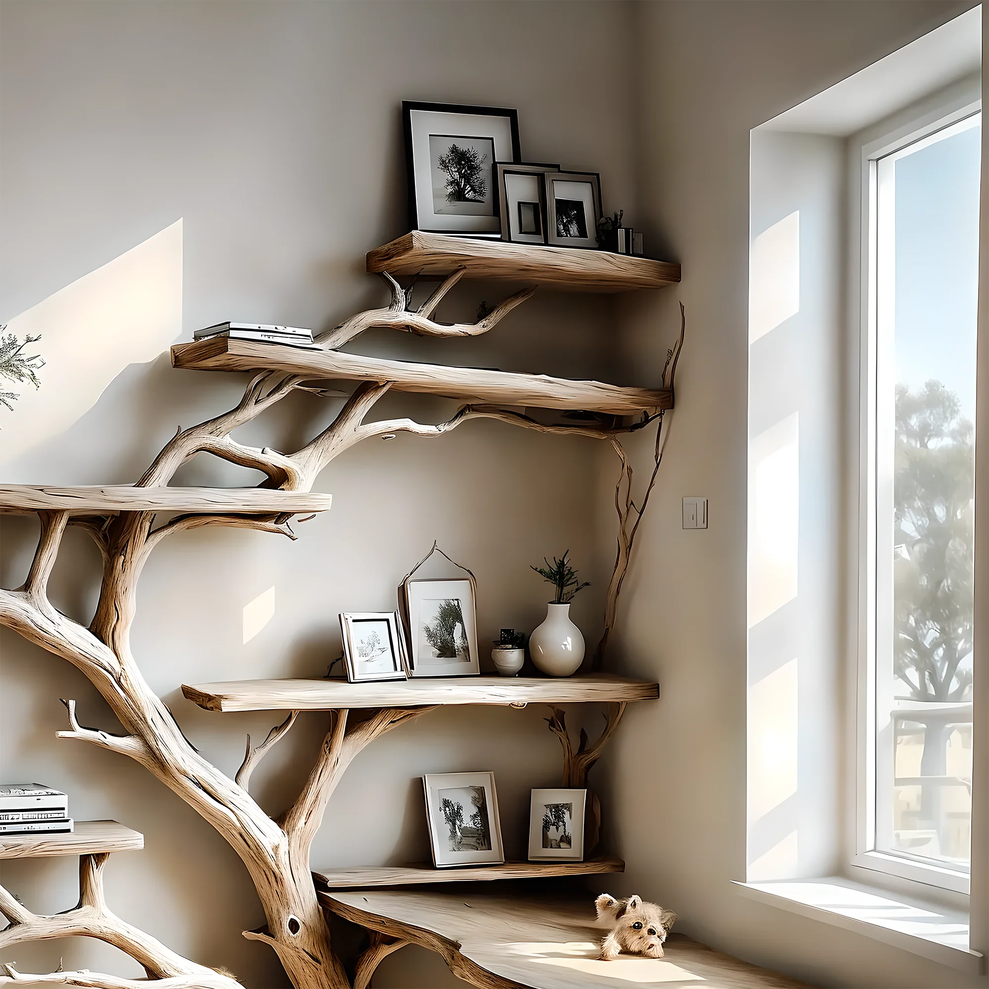 Tree-studded bookshelf, corner shelf living next to solid wood bookshelf on decorative wall 