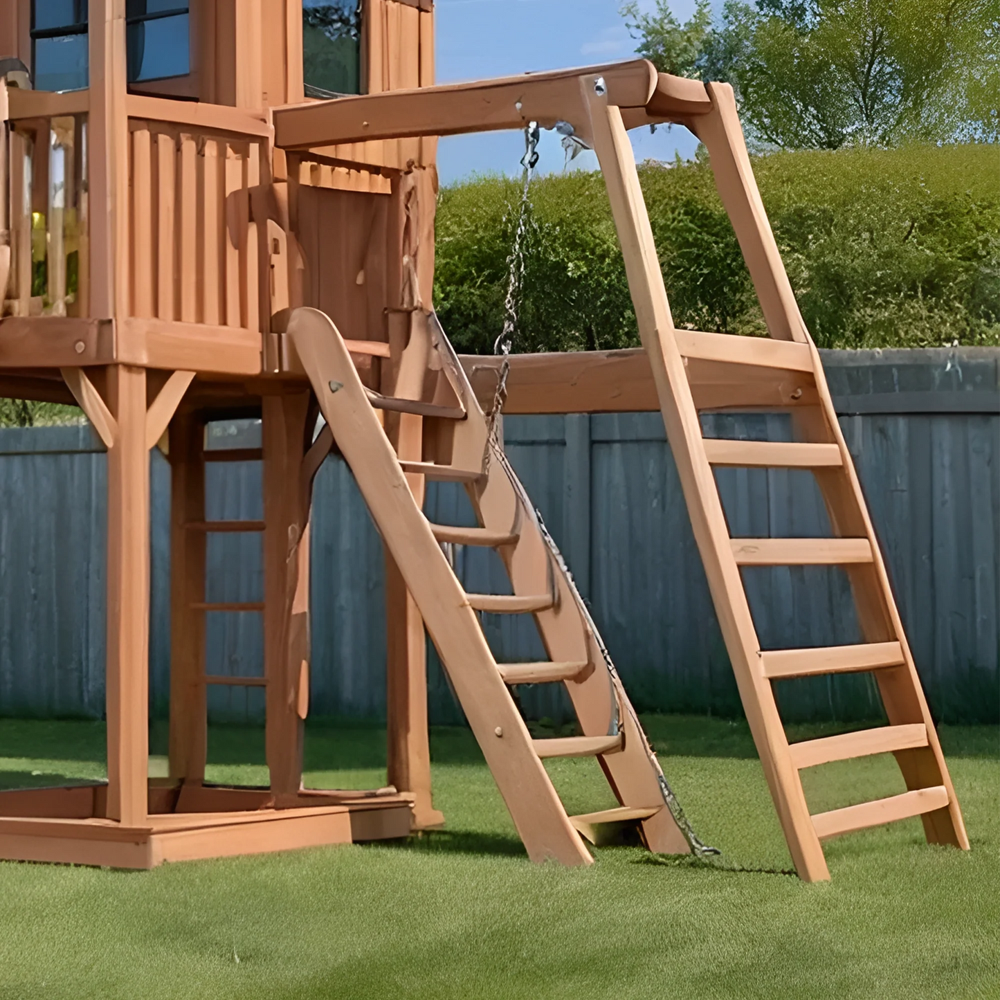 Kids Wooden Playground – Swing Set with Slide, Bench & Playhouse for Backyard