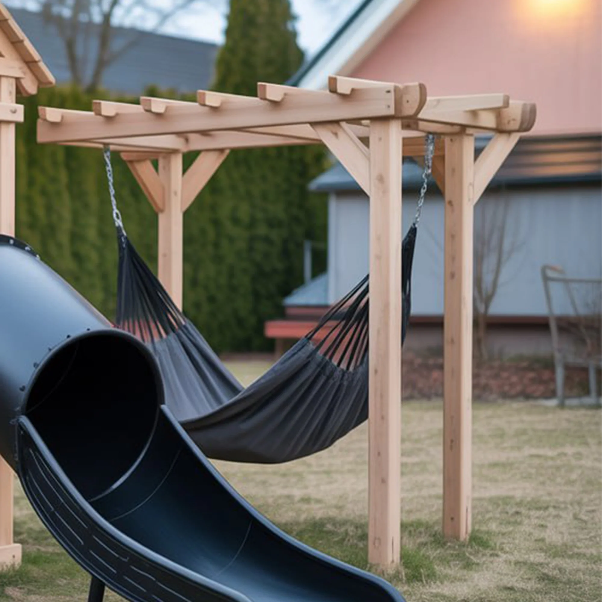 Backyard Wooden Playset with Tube Slide, Rock Climbing Wall & Double Hammock – 22x12x9 ft Outdoor Playground