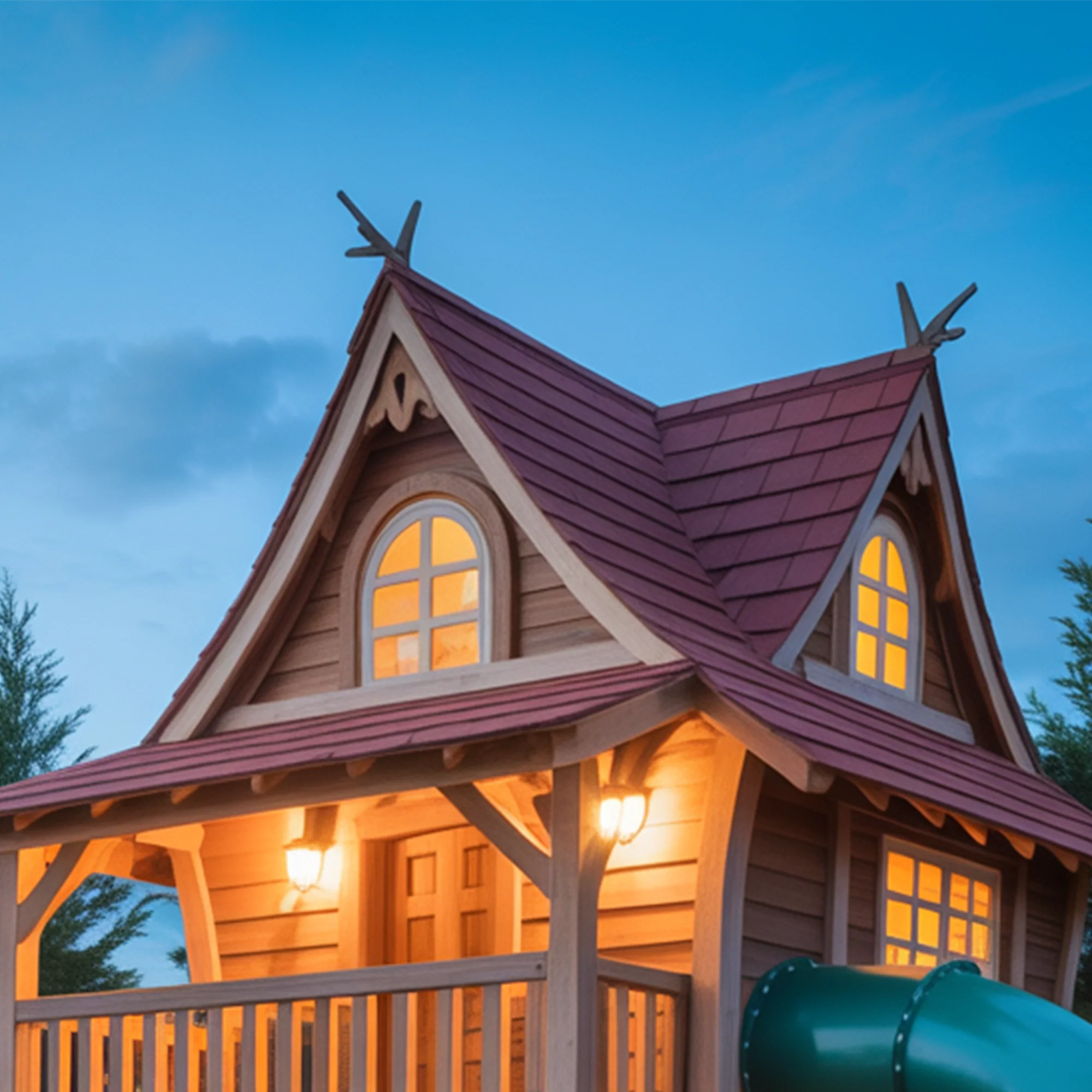 Whimsical Wooden Playhouse with Spiral Slide & Swings | Two-Story Outdoor Playground for Kids Adventure