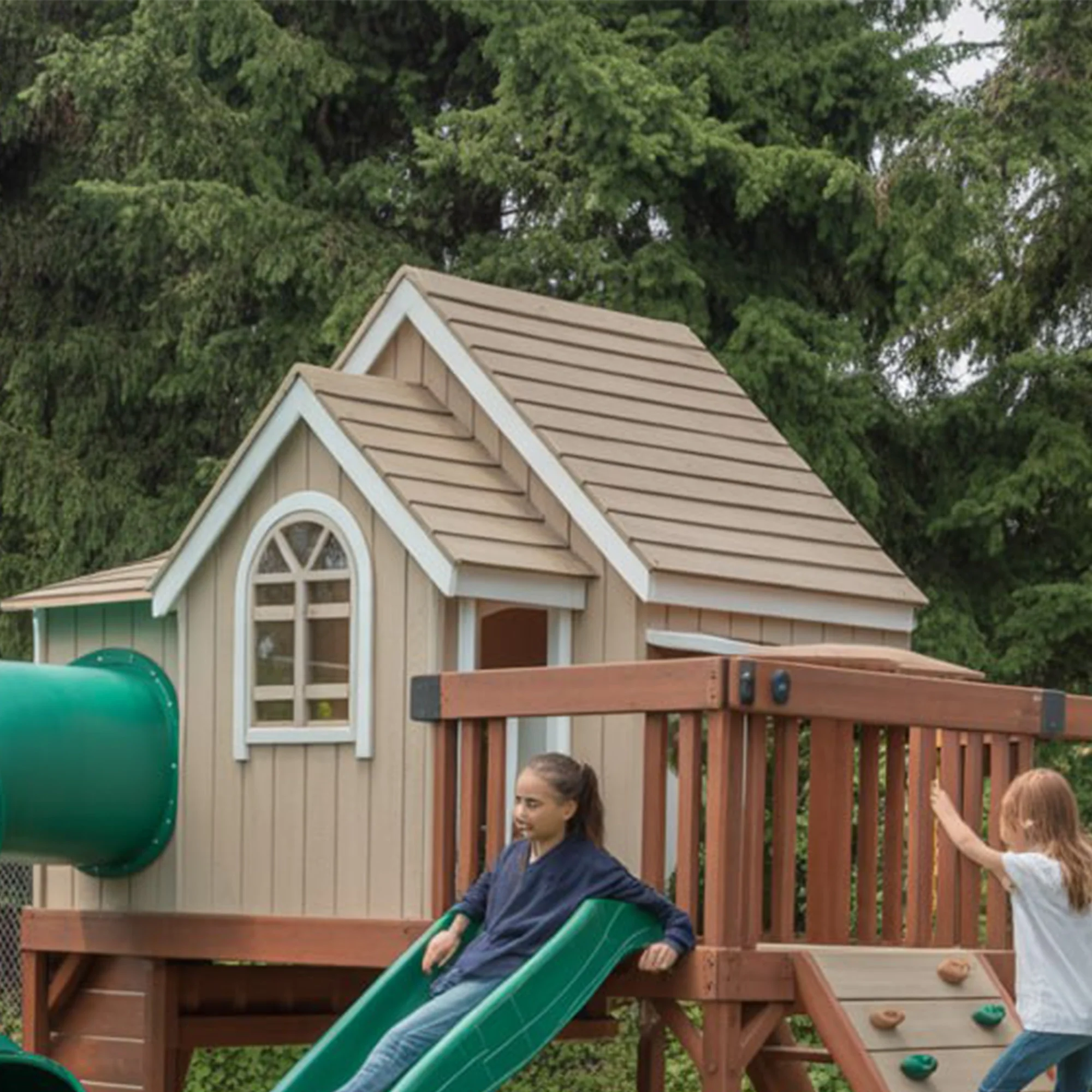 Backyard Wooden Playhouse with Dual Slides, Swings & Rock Wall – Outdoor Kids Playground Set 22x12x9 ft
