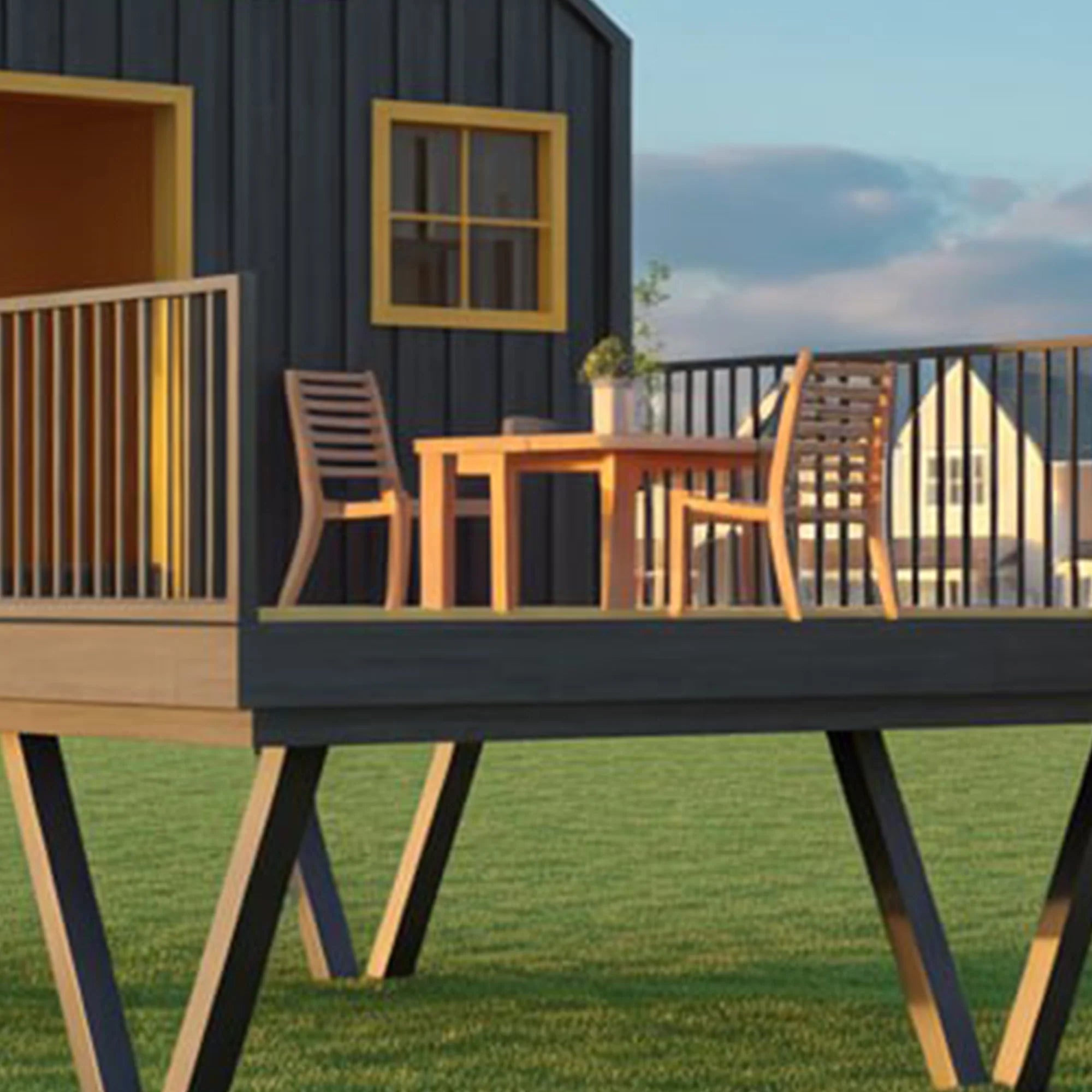 Modern Elevated Playhouse with Spiral Slide – Outdoor Wooden Adventure Set, 22ft x 12ft x 9ft
