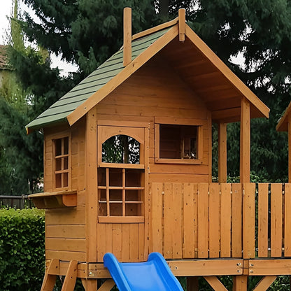 Outdoor Wooden Swingset with Playhouse, Slide & Climbing Wall