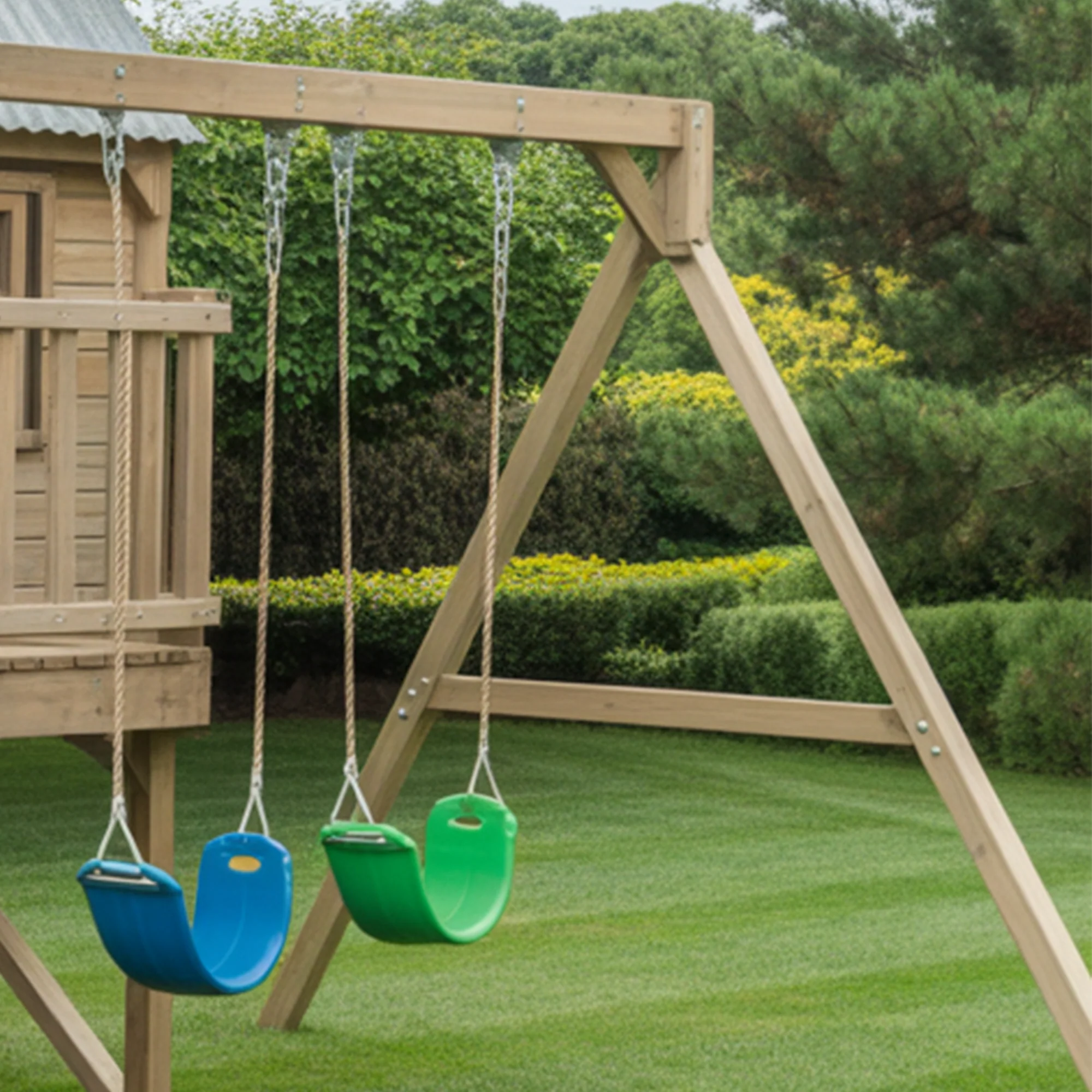 Wooden Outdoor Playhouse with Curved Slide, Double Swing & Climbing Net – Backyard Adventure Set | 24x10x9 ft