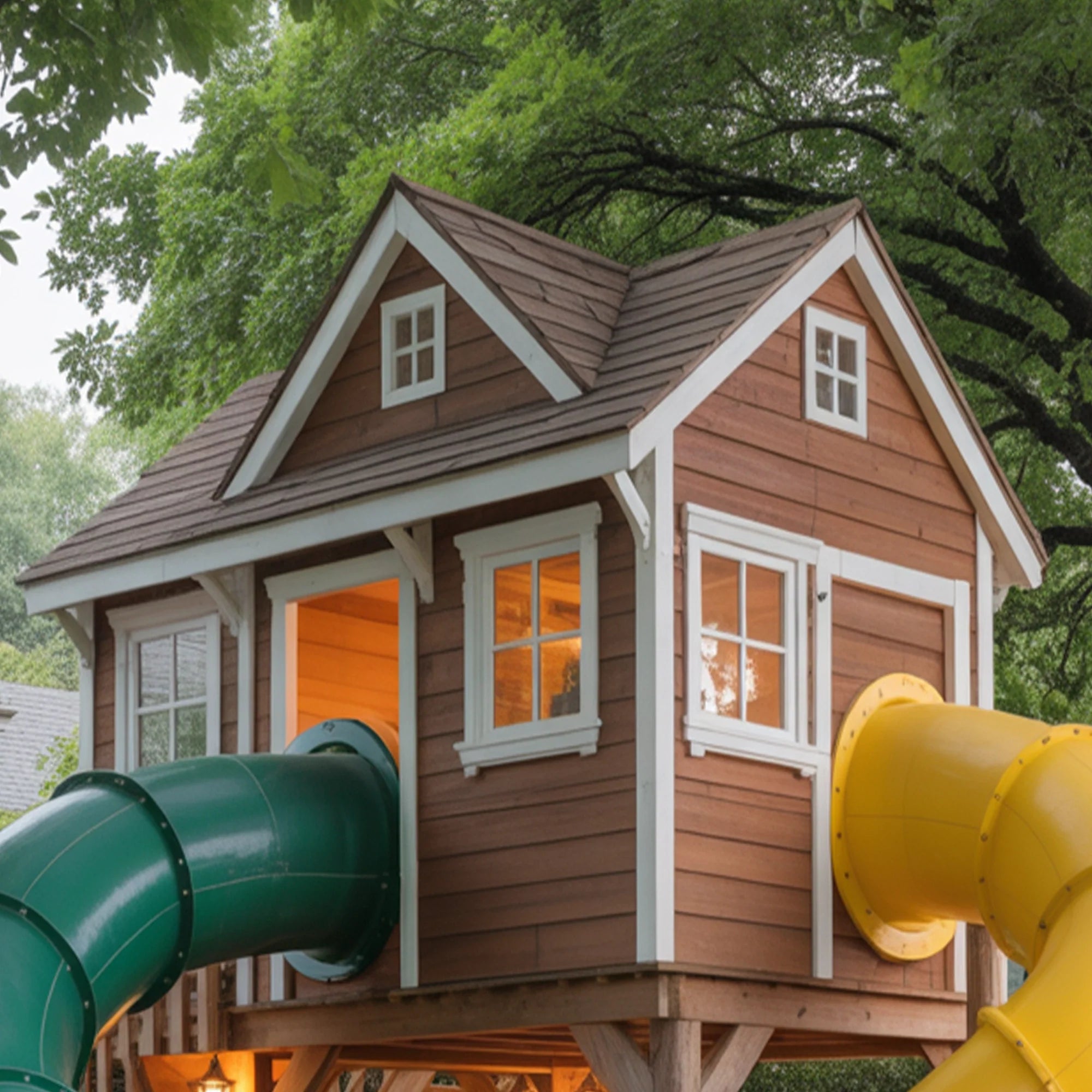 Wooden Playhouse with Dual Tunnel Slides | 22x12x9 ft Elevated Kids Outdoor Playground