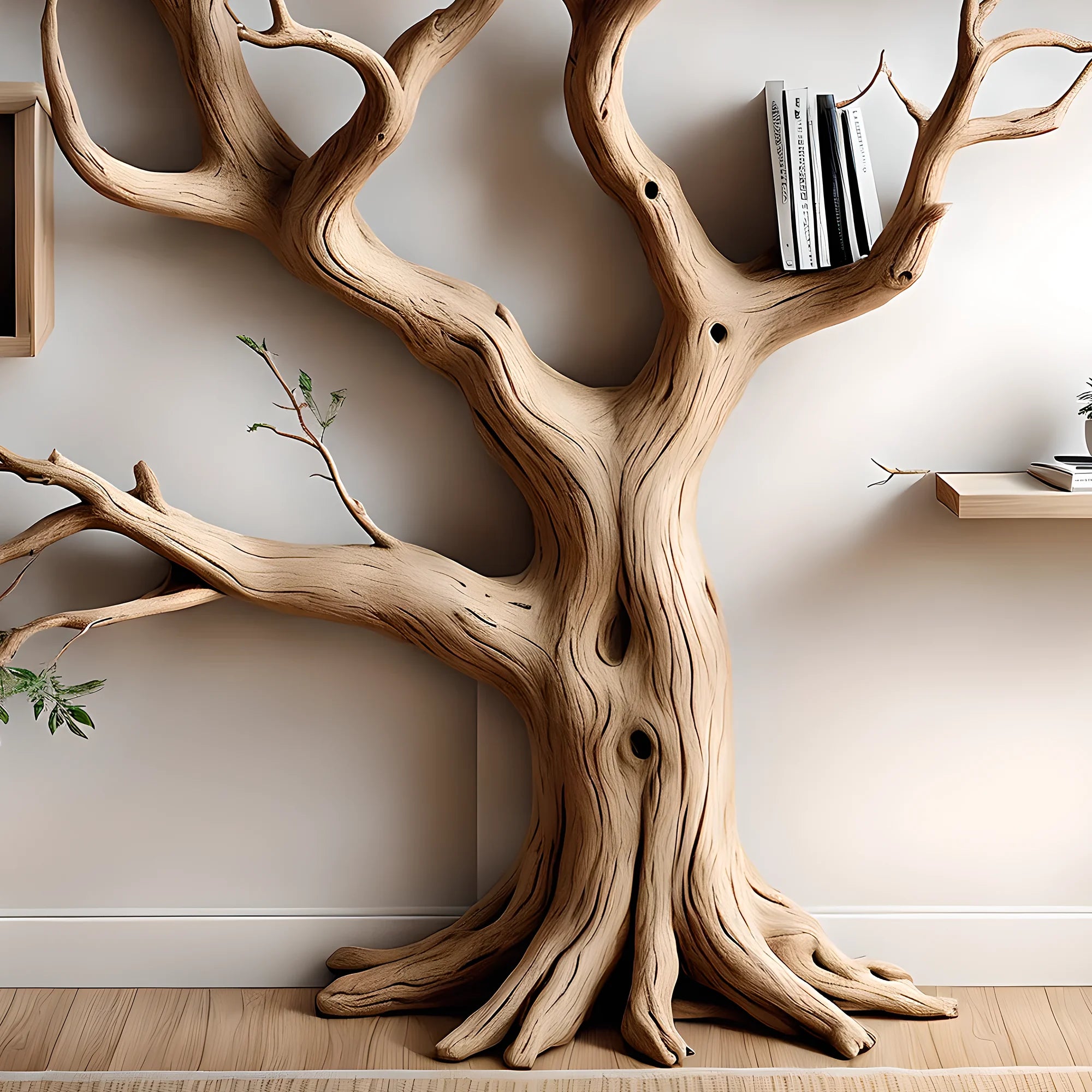 Bookshelf shaped like an old tree, aged wooden bookshelf, wall-mounted decorative bookshelf 