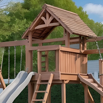 Heavy Duty Wooden Swing Set – Playhouse, Slide & Swings for Safe Outdoor Fun