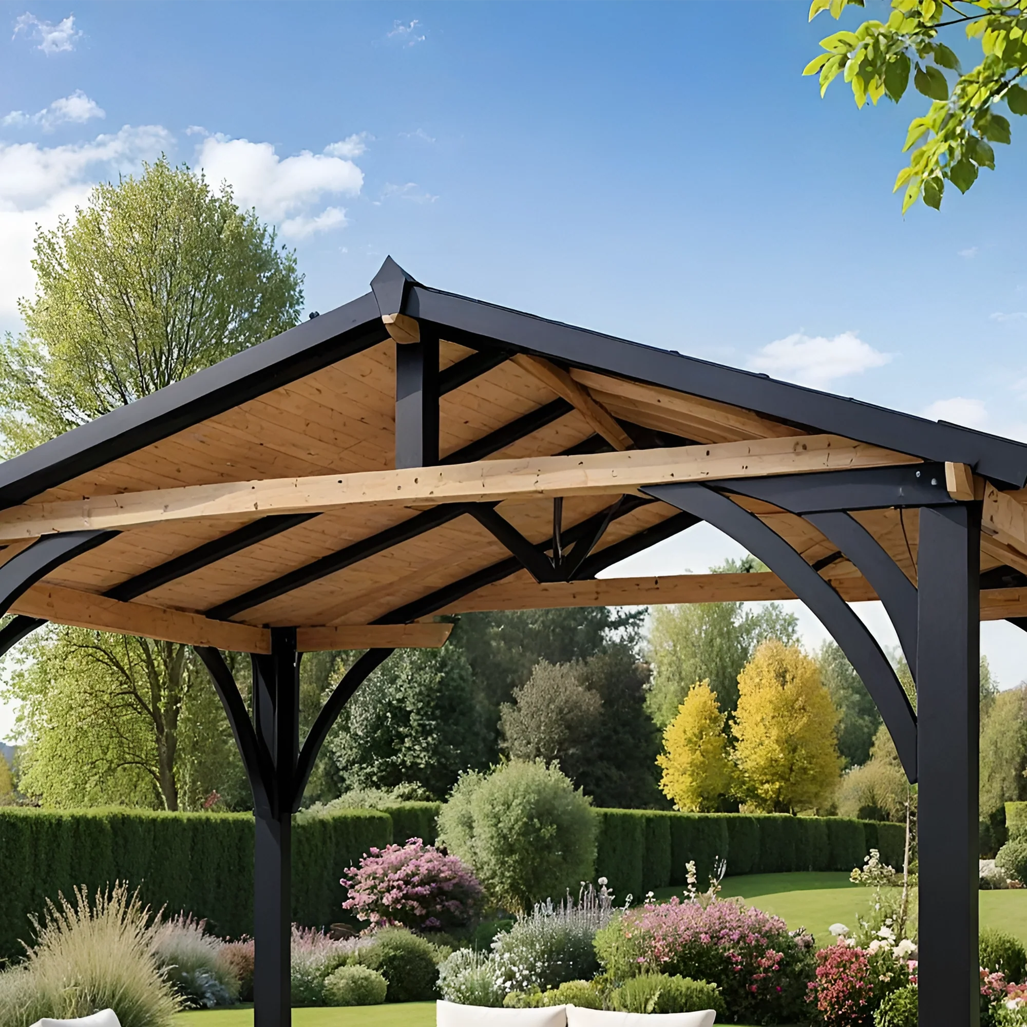 12x12 Wooden & Steel Gazebo with Gable Roof | Outdoor Pavilion for Patio, Garden & Poolside
