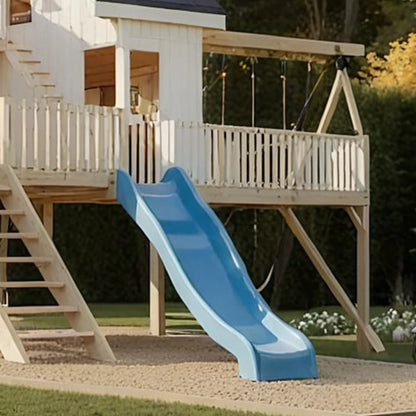 Wooden Playhouse Tower with Sandbox, Swings & Wave Slide – Outdoor Kids Playset