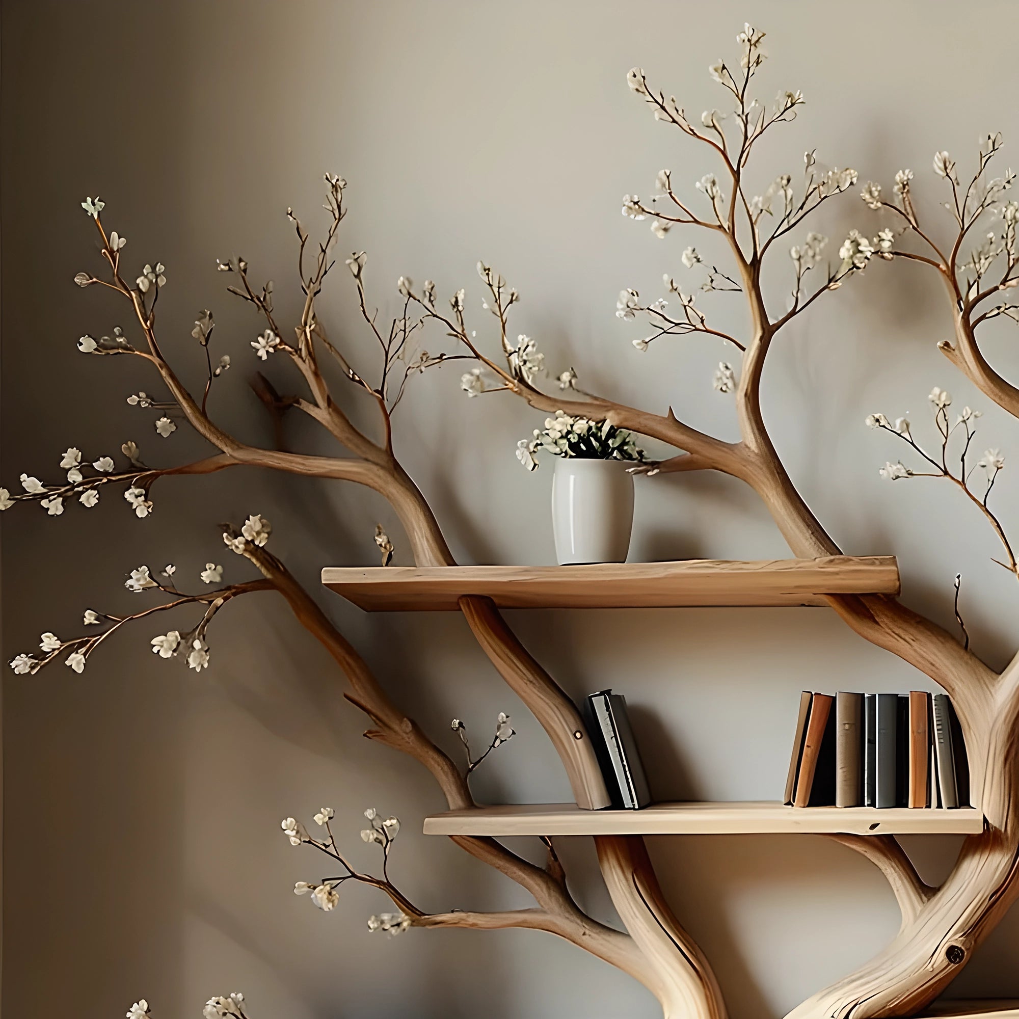 Modern rustic bookshelf in tree shape. Perfect for living rooms, nurseries, or reading nooks. 