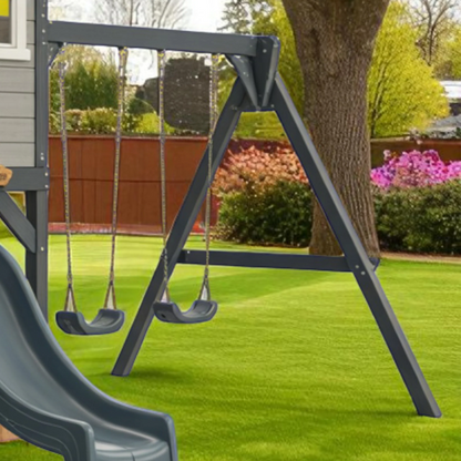 Wooden Playhouse with Tube Slide, Straight Slide & Swings | 22x12x9 ft Outdoor Playground