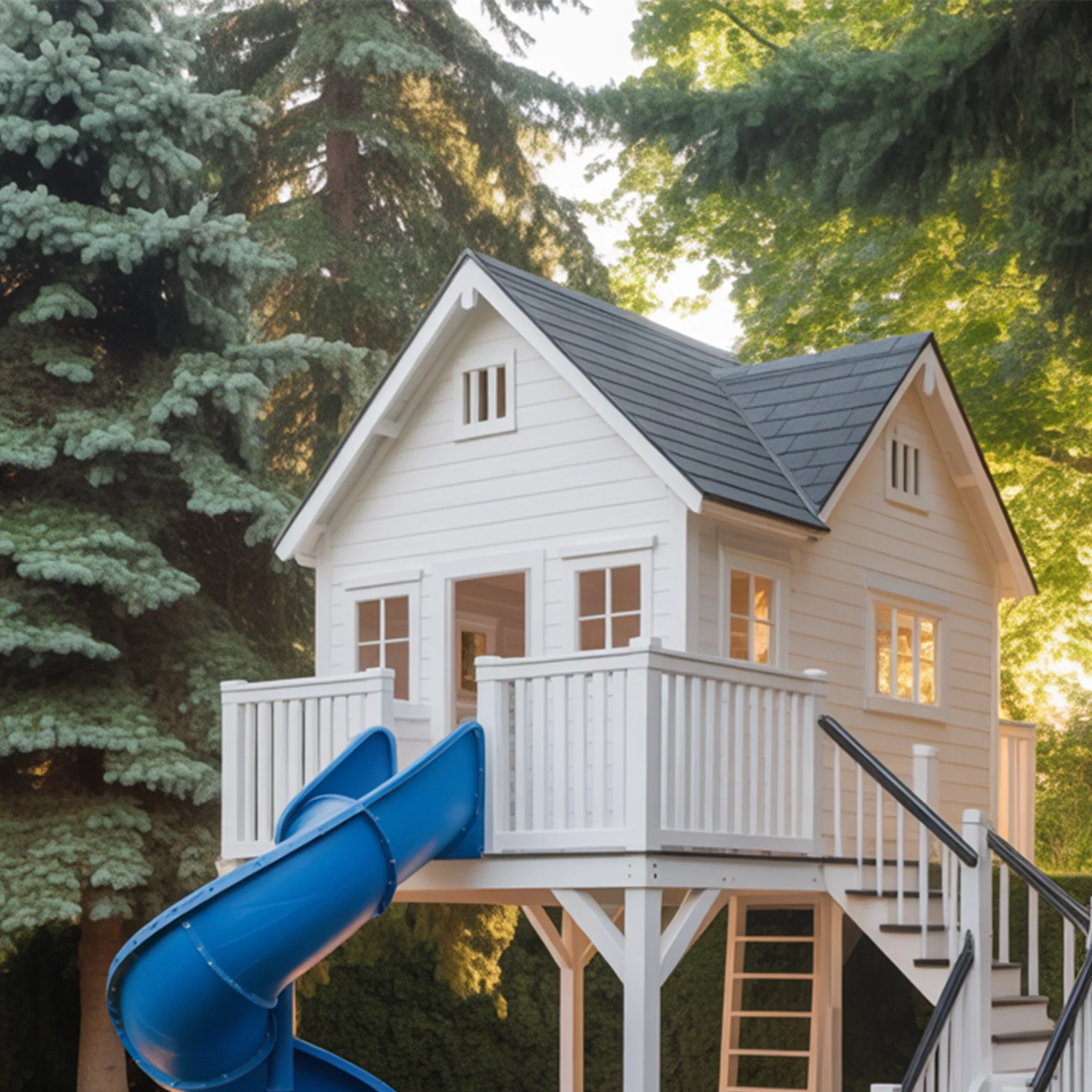 Deluxe Wooden Playhouse with Spiral Blue Slide, Double Staircase & Balcony – Outdoor Kids Playset 24x10 ft | Backyard Adventure