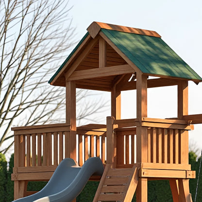 Outdoor Swing Set with Wooden Playhouse & Slide – Durable Backyard Play Structure