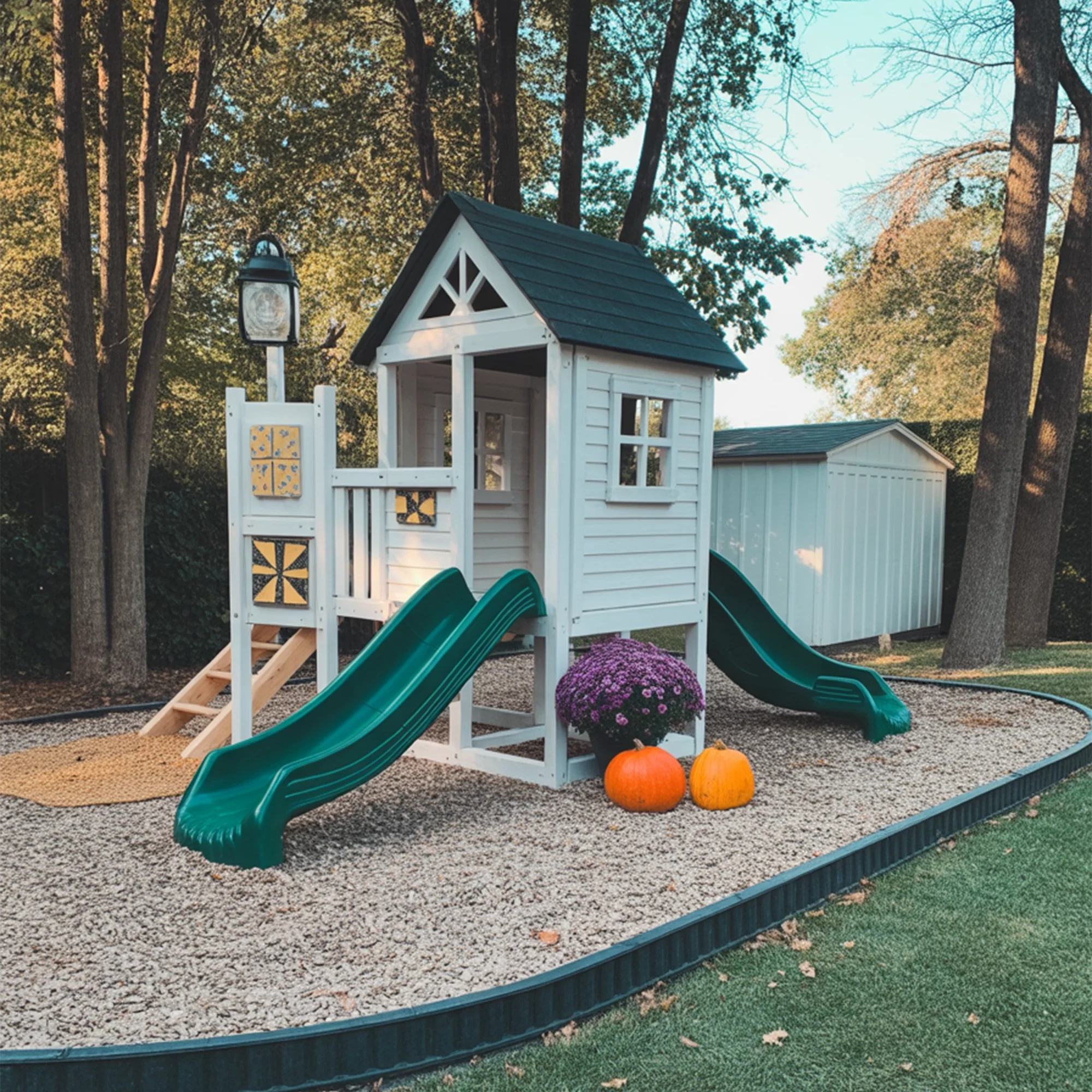 Compact Wooden Playhouse with Dual Slides | Safe Outdoor Playground for Kids Backyard Fun