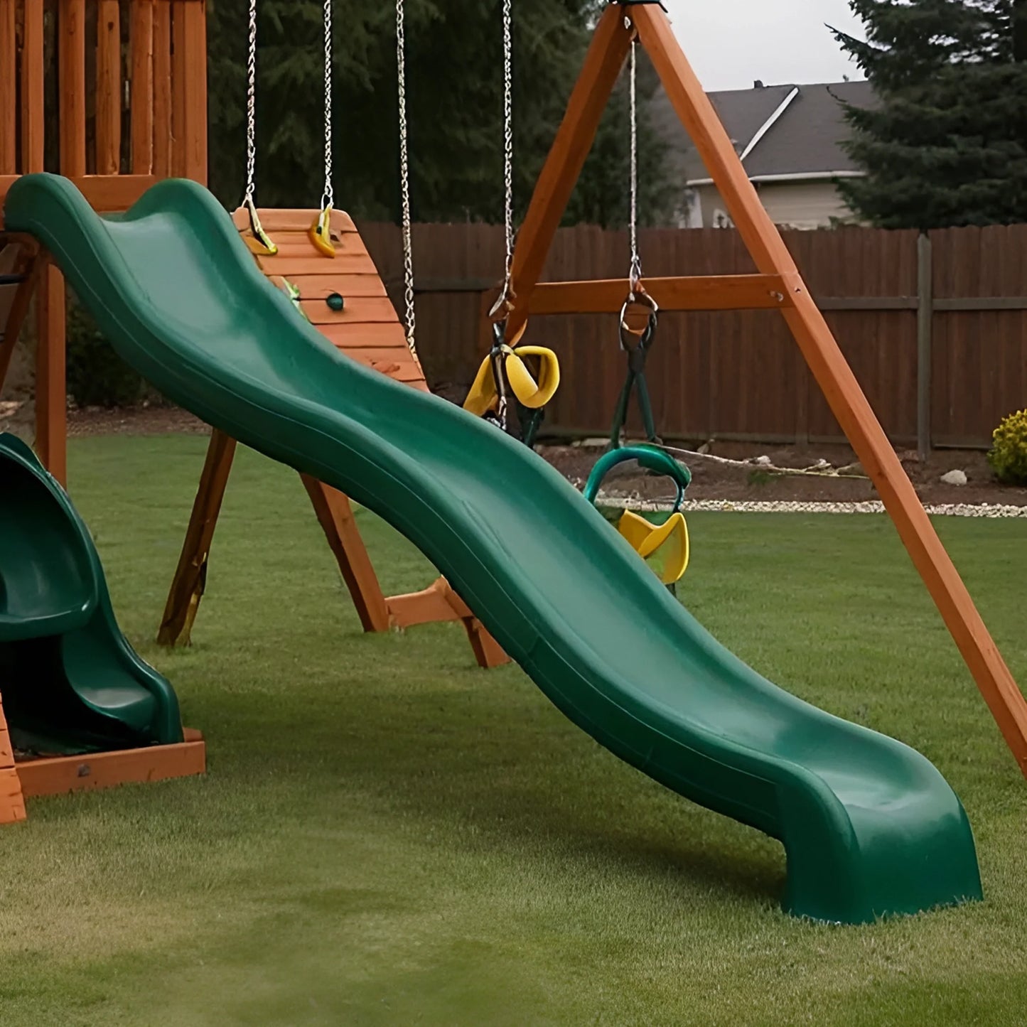 Kids Wooden Swingset with Slide, Playhouse & Outdoor Adventure Features