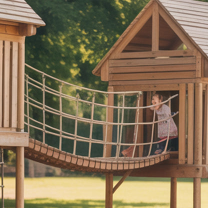 Wooden Twin Tower Playhouse with Rope Bridge & Slide | Outdoor Playground for Kids Backyard Adventure