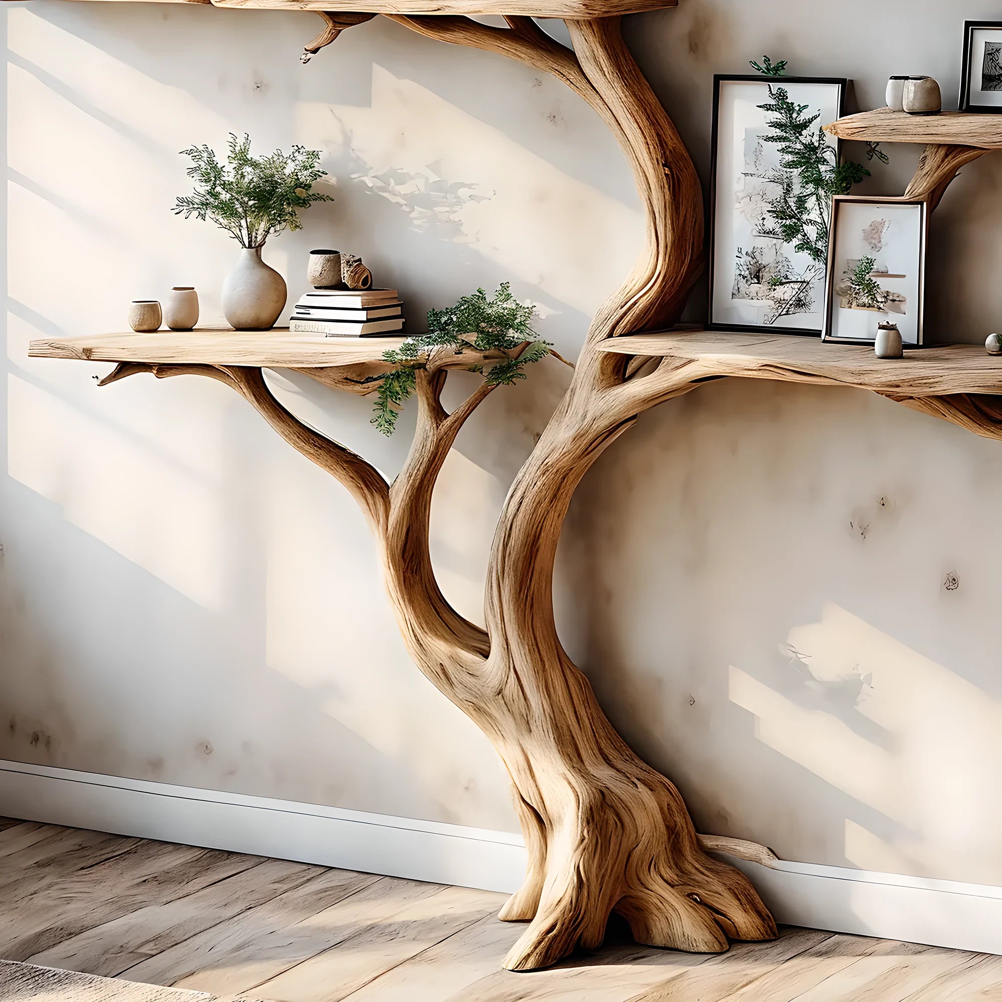 Natural wooden decorative bookshelf, tree-shaped bookshelf, solid wood bookshelf, handmade bookshelf 