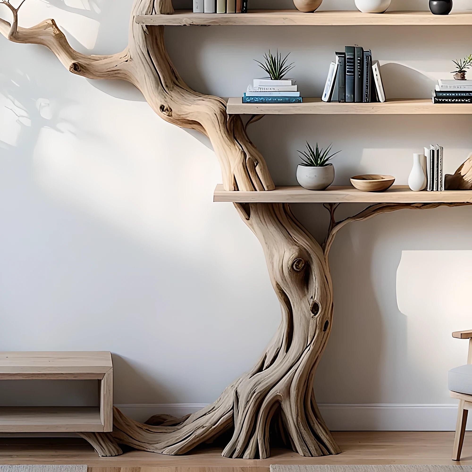 Solid wood tree branch bookshelf living next to unique floating corner wall shelf bookcase home decoration. 