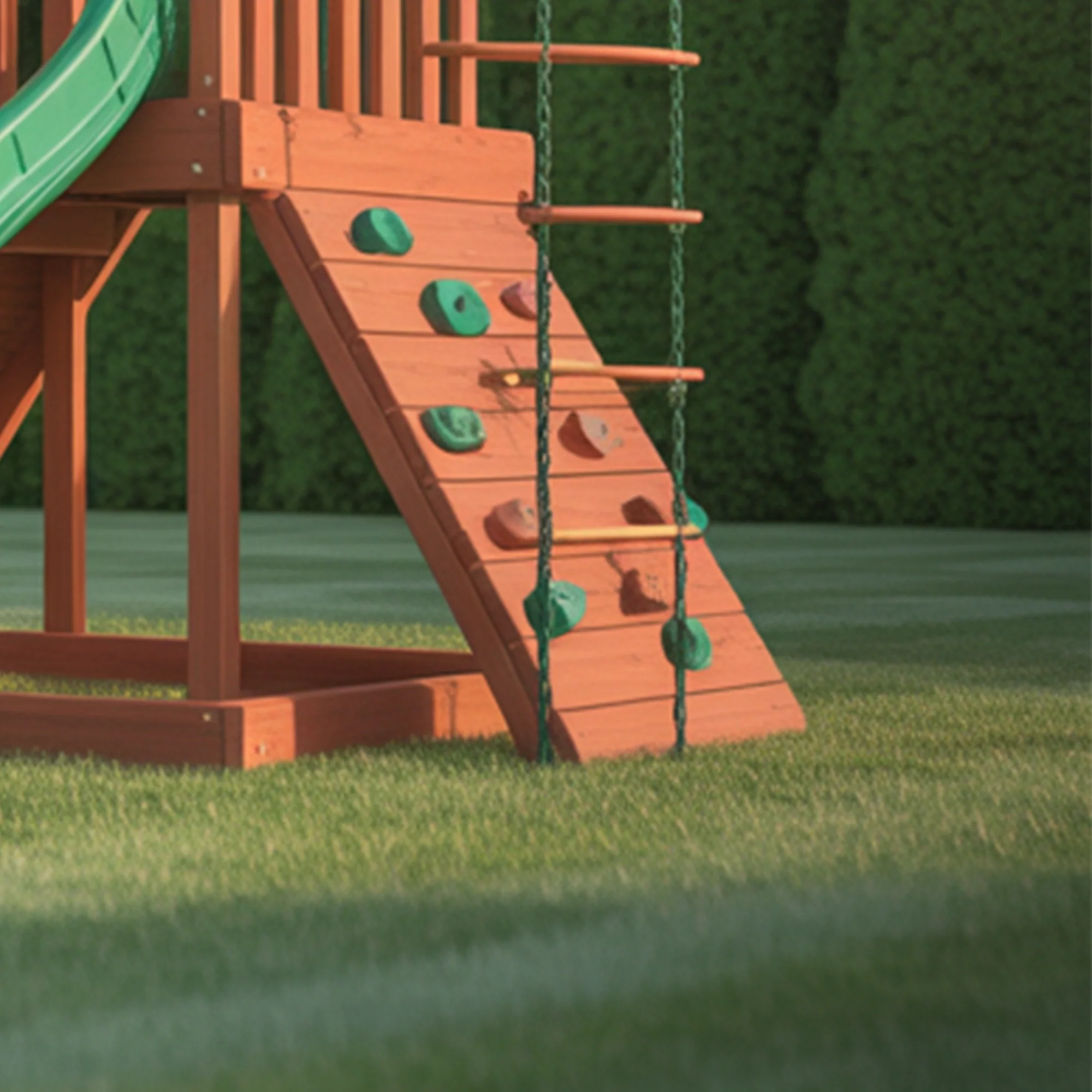 Outdoor Wooden Playset with Double Swings, Green Wave Slide & Climbing Wall | 22ft x 10ft x 9ft Backyard Adventure Set