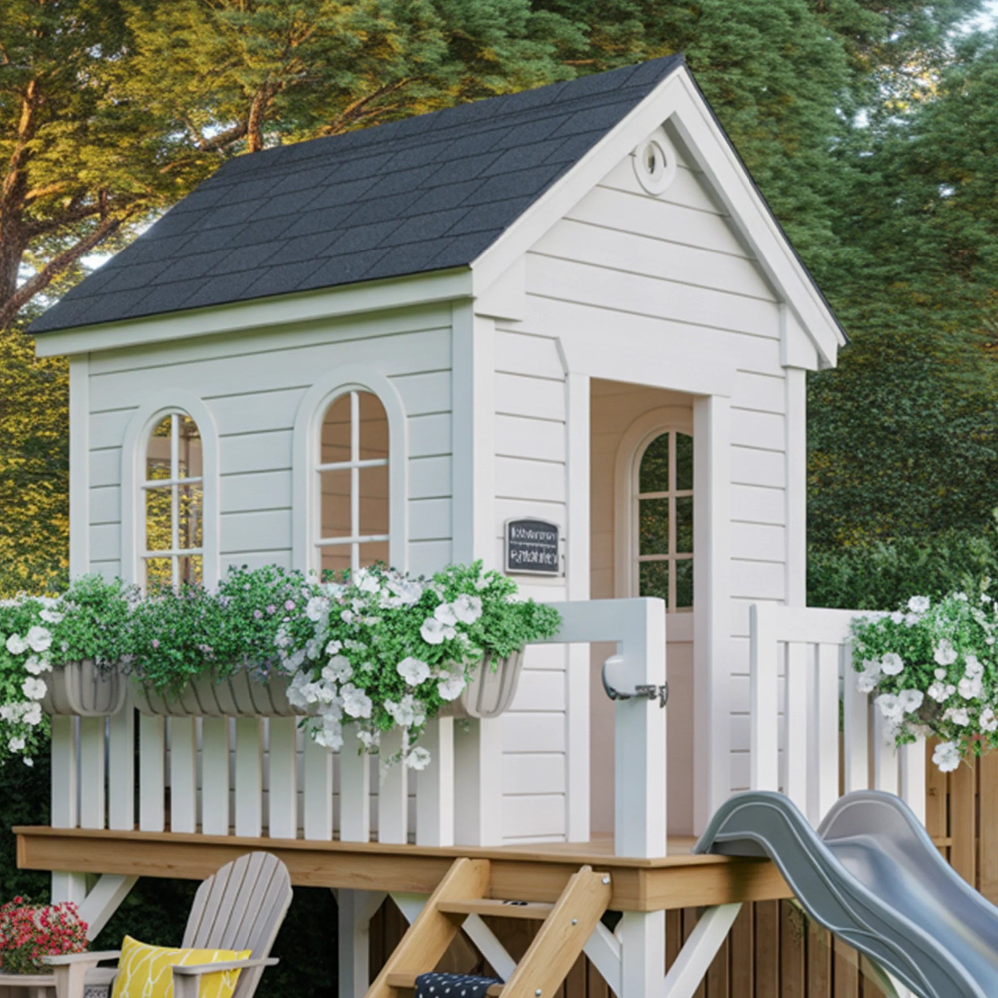 Compact Wooden Kids Playhouse with Slide | 12x2x9 ft Outdoor Backyard Playground