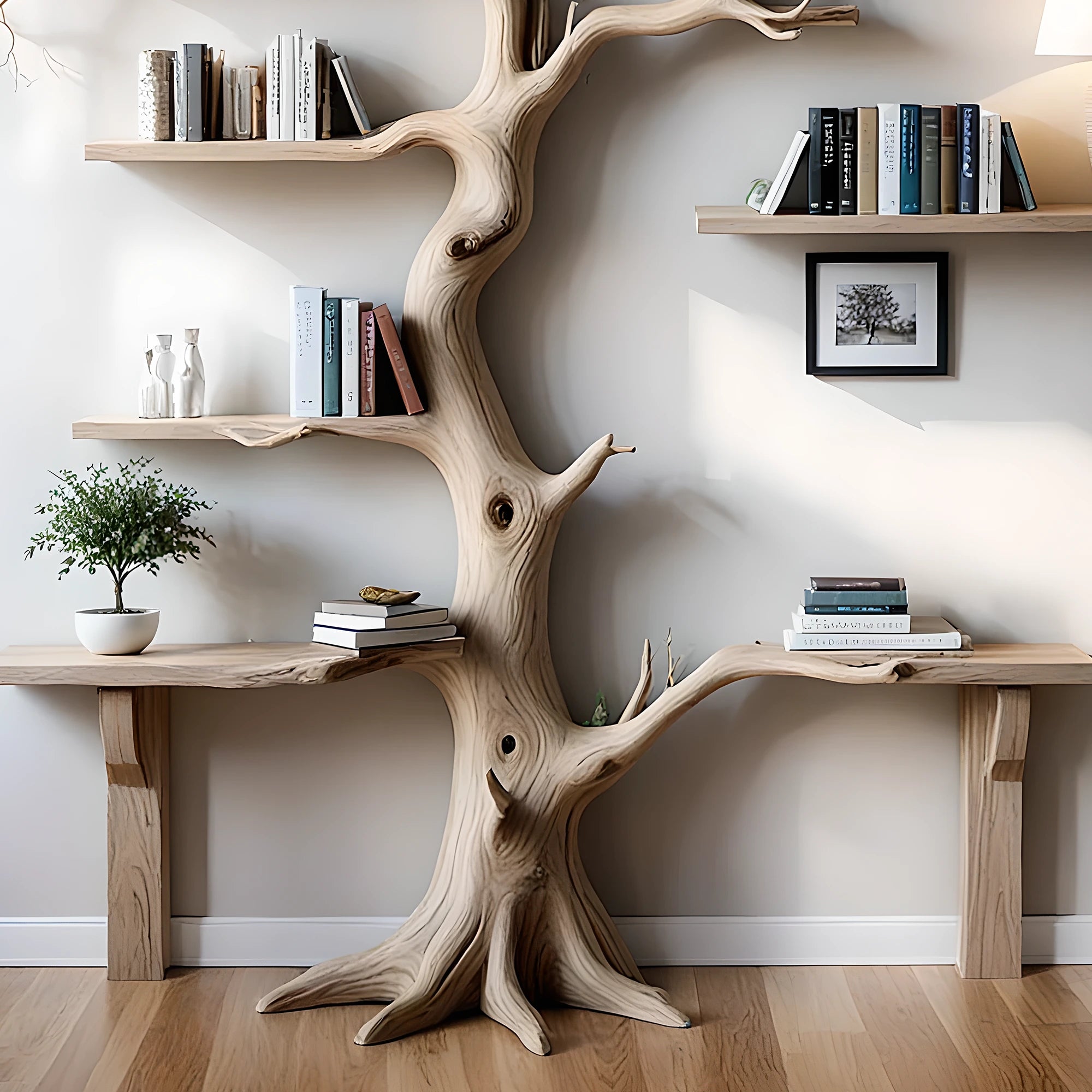 Tree bookshelf for living room or bedroom Handmade wooden furniture Driftwood branches bookshelves solid wood floating wall shelves. 